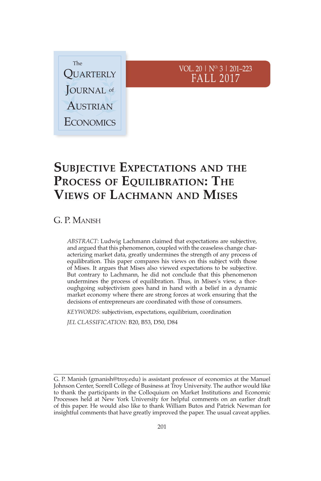 Subjective Expectations and the Process of Equilibration the Views