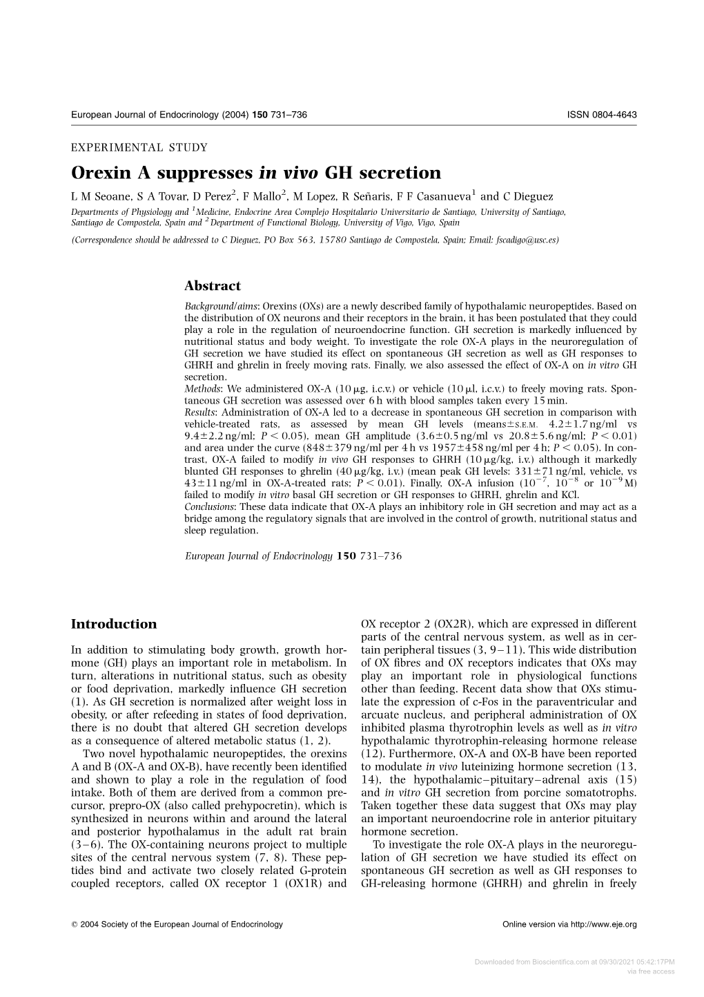 Orexin a Suppresses in Vivo GH Secretion