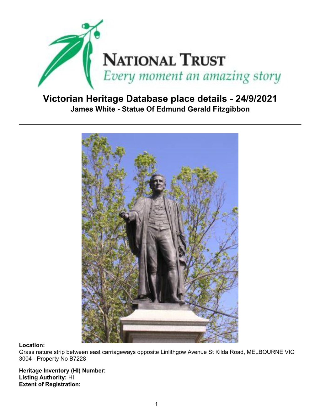 Victorian Heritage Database Place Details - 24/9/2021 James White - Statue of Edmund Gerald Fitzgibbon