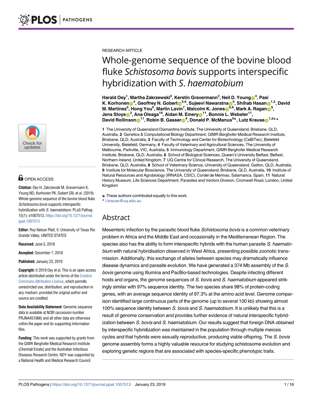Whole-Genome Sequence of the Bovine Blood Fluke Schistosoma Bovis Supports Interspecific Hybridization with S