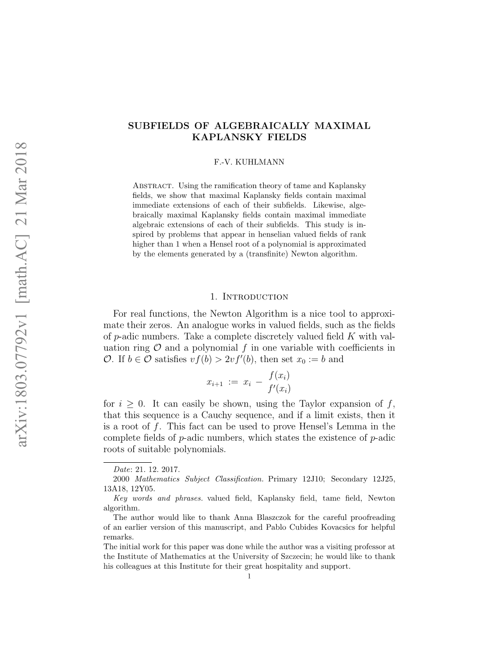 Arxiv:1803.07792V1 [Math.AC] 21 Mar 2018 Algorithm