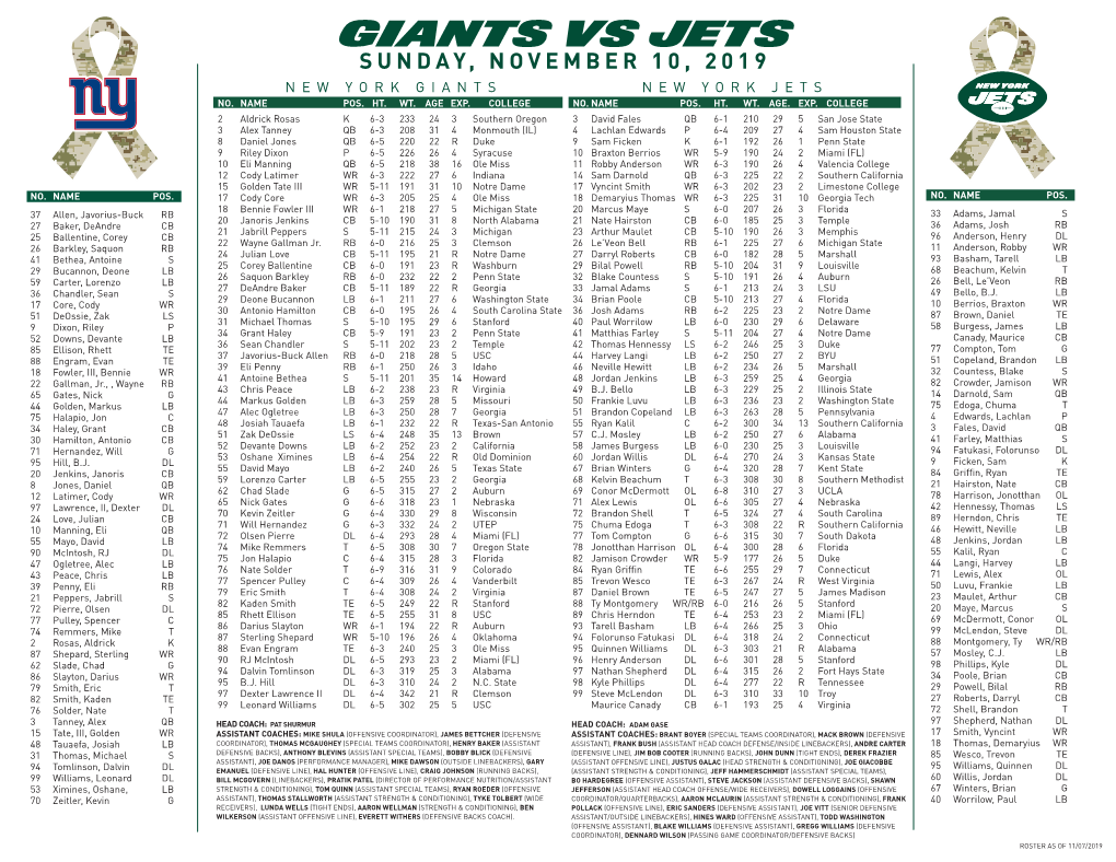 Giants Vs Jets Sunday, November 10, 2019 New York Giants New York Jets No