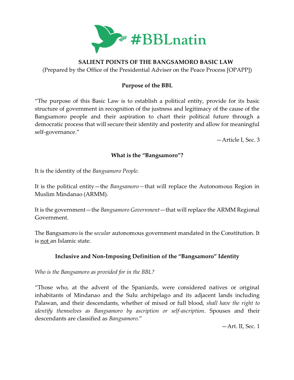 SALIENT POINTS of the BANGSAMORO BASIC LAW (Prepared by the Office of the Presidential Adviser on the Peace Process [OPAPP])