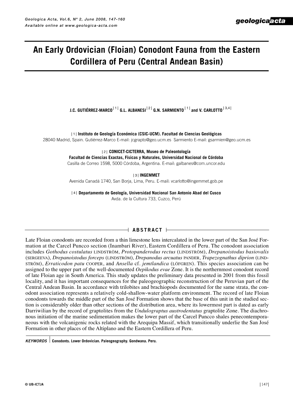 An Early Ordovician (Floian) Conodont Fauna from the Eastern Cordillera of Peru (Central Andean Basin)