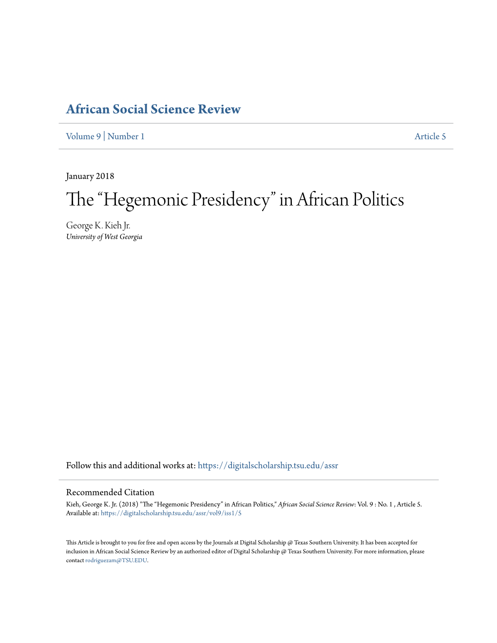 The “Hegemonic Presidency” in African Politics George K
