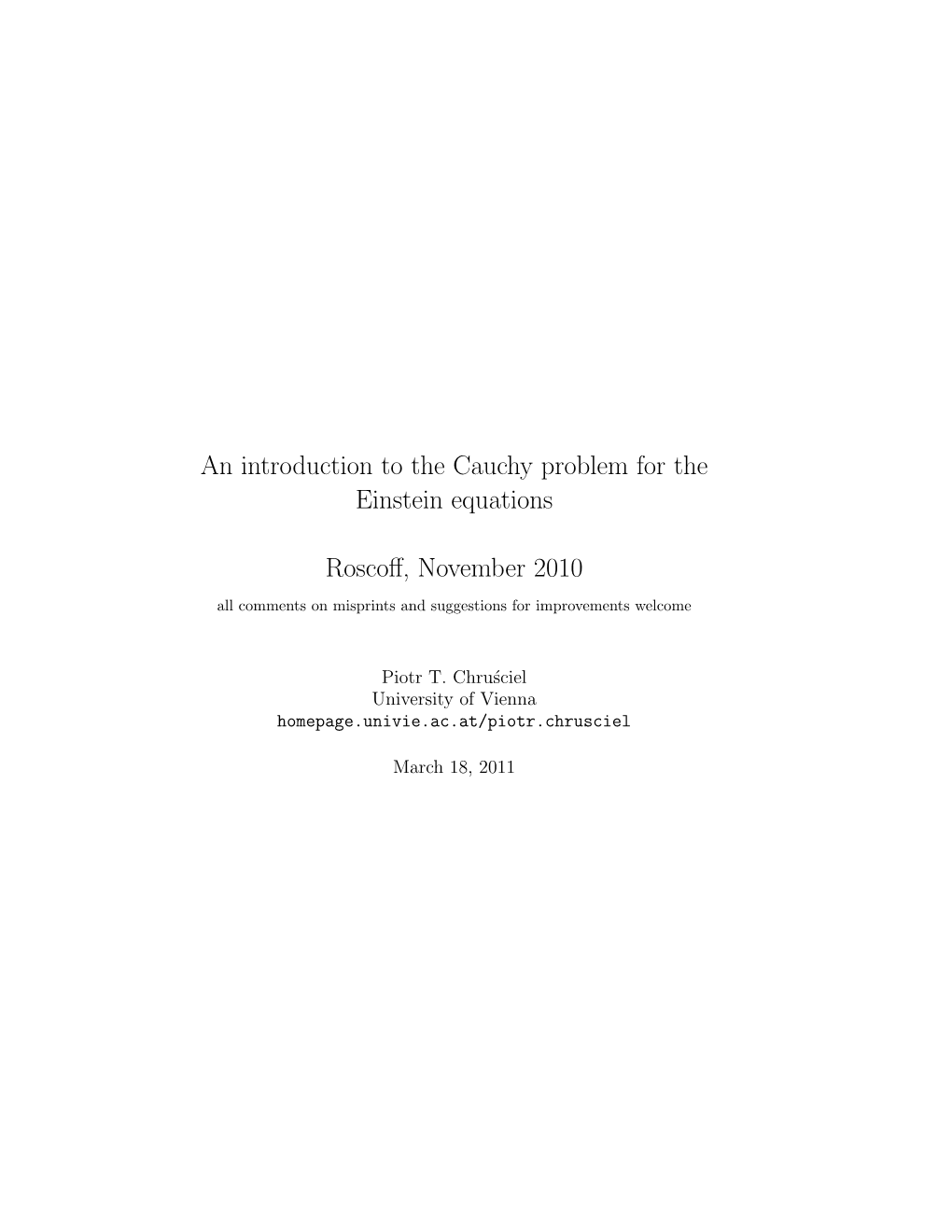 An Introduction to the Cauchy Problem for the Einstein Equations Roscoff