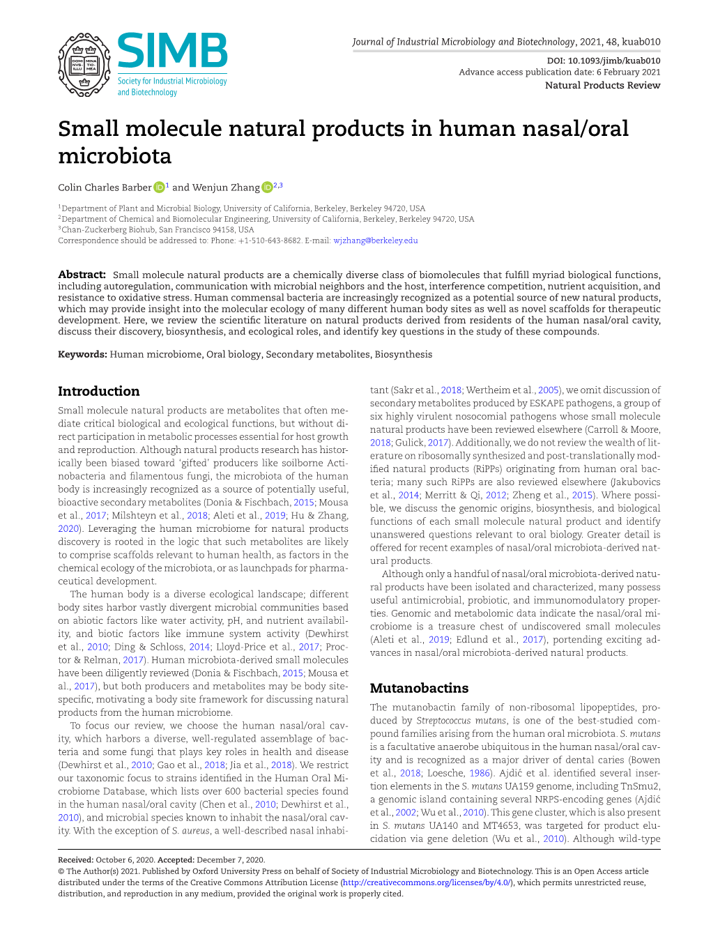Small Molecule Natural Products in Human Nasal/Oral Microbiota