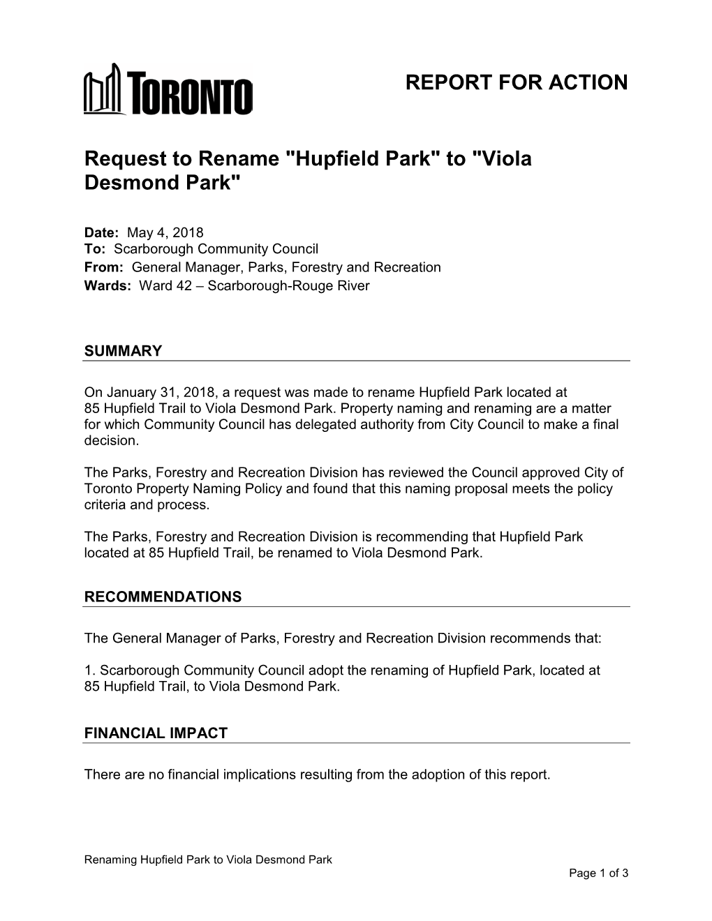 Request to Rename "Hupfield Park" to "Viola Desmond Park"