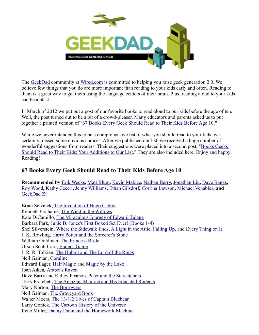 67 Books Every Geek Should Read to Their Kids Before Age 10.