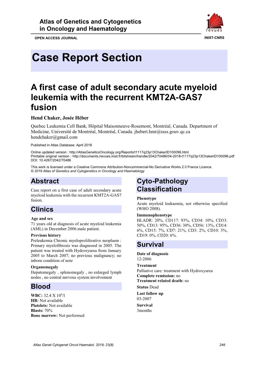 A First Case of Adult Secondary Acute Myeloid Leukemia with the Recurrent KMT2A-GAS7 Fusion