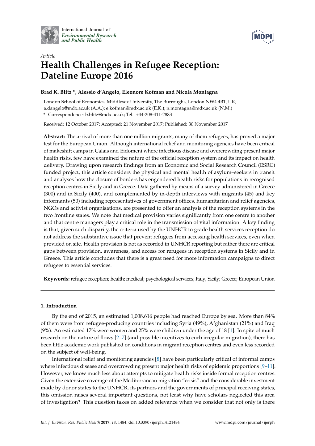 Health Challenges in Refugee Reception: Dateline Europe 2016