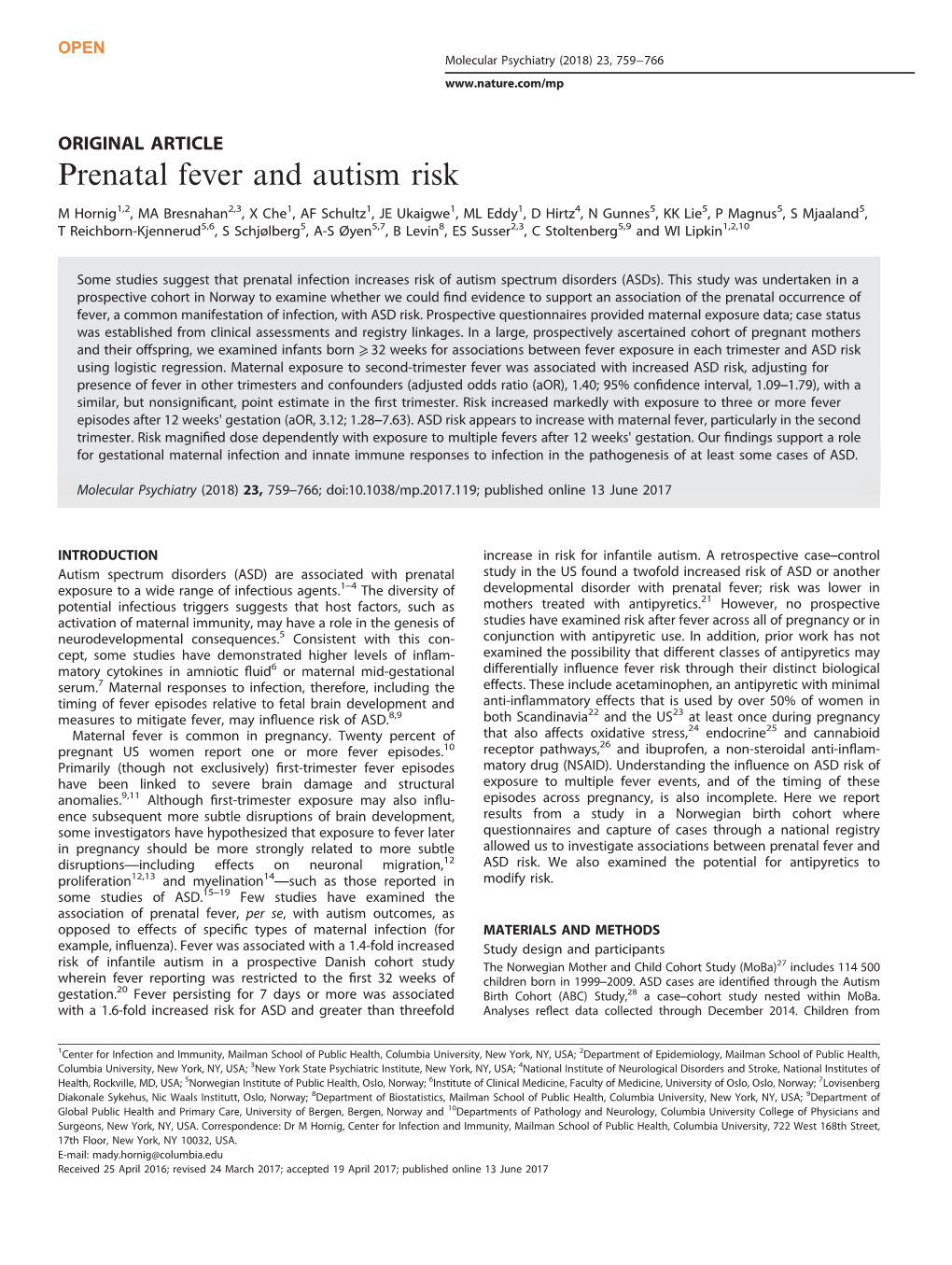 Prenatal Fever and Autism Risk