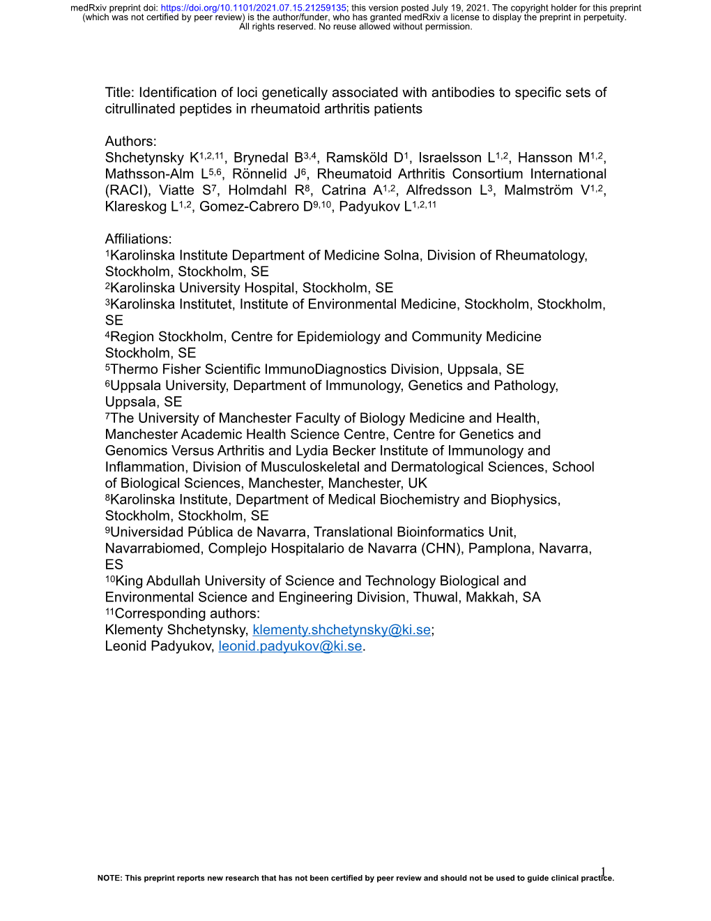 Title: Identification of Loci Genetically Associated with Antibodies to Specific Sets of Citrullinated Peptides in Rheumatoid Arthritis Patients