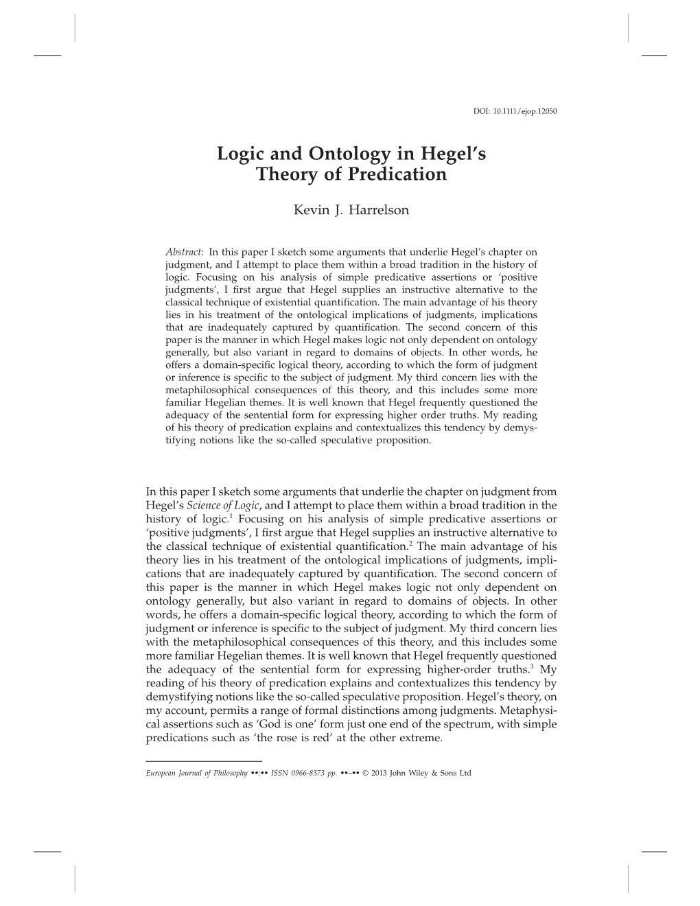 Logic and Ontology in Hegel's Theory of Predication