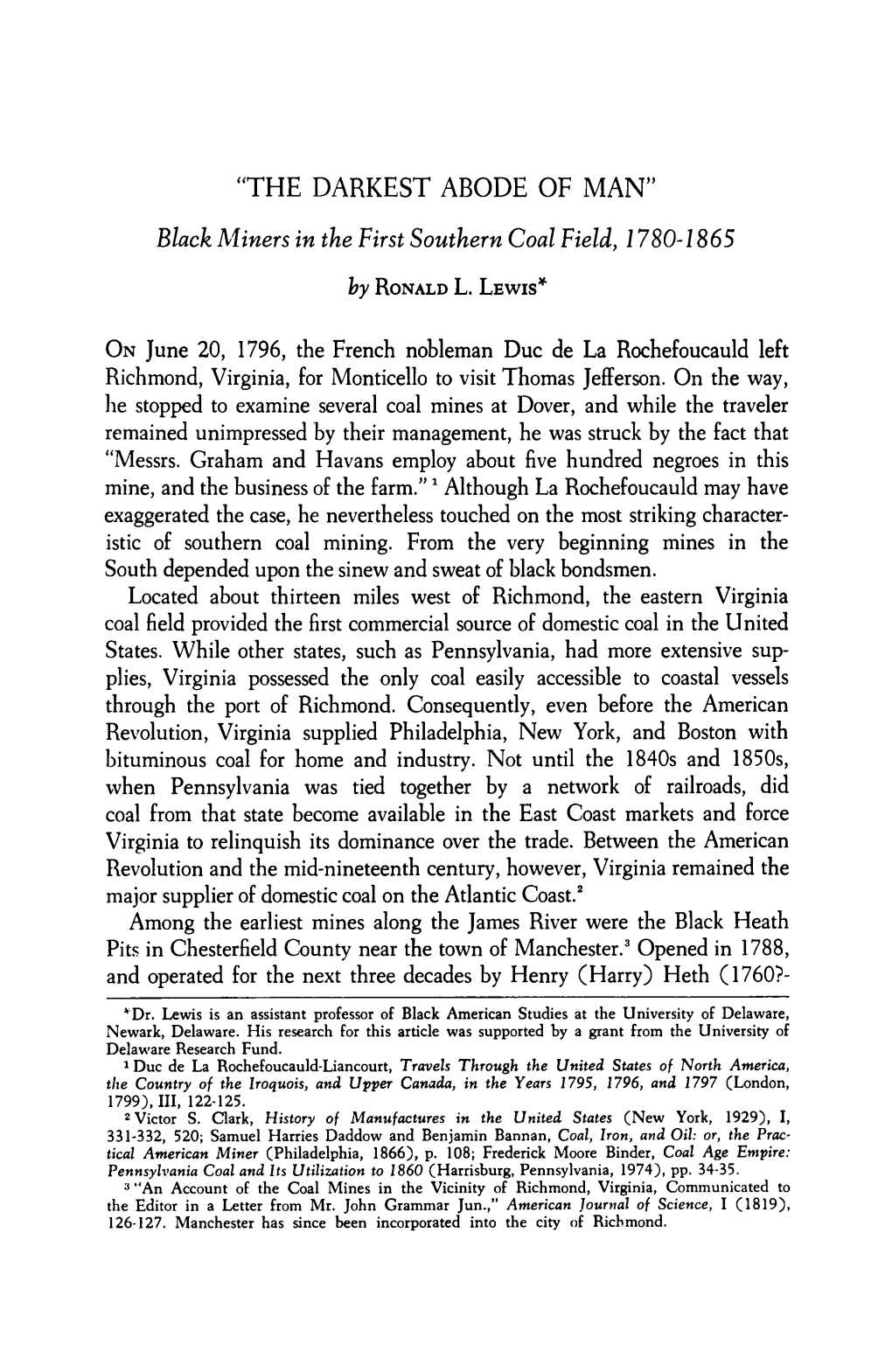 "The Darkest Abode of Man": Black Miners in the First Southern Coal Field, 1780-1865