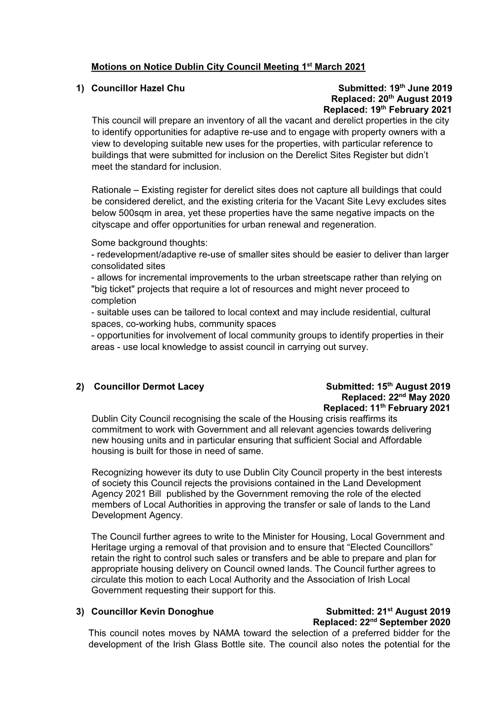 Motions on Notice Dublin City Council Meeting 1St March 2021