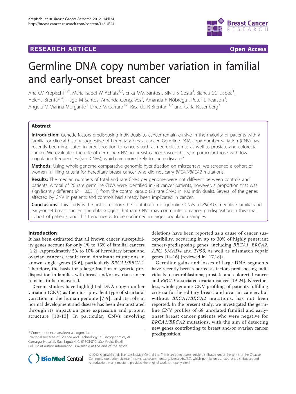 Germline DNA Copy Number Variation in Familial and Early-Onset Breast