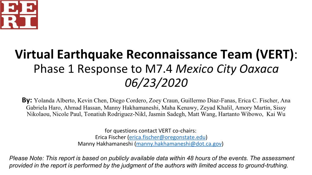 (VERT): Phase 1 Response to M7.4 Mexico City Oaxaca 06/23/2020