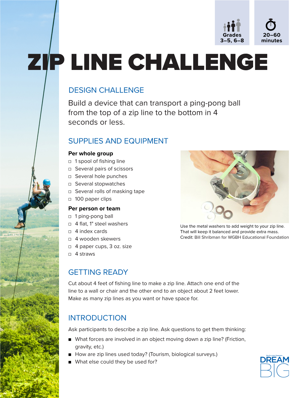 ZIP LINE CHALLENGE DESIGN CHALLENGE Build a Device That Can Transport a Ping-Pong Ball from the Top of a Zip Line to the Bottom in 4 Seconds Or Less