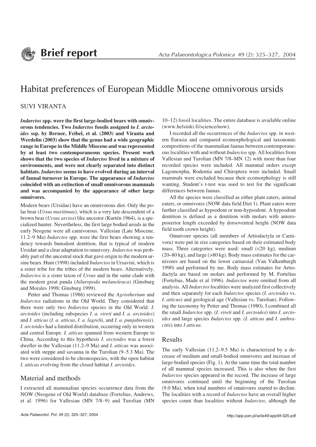 Habitat Preferences of European Middle Miocene Omnivorous Ursids