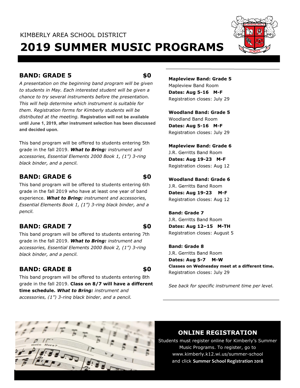 2019 Summer Music Programs