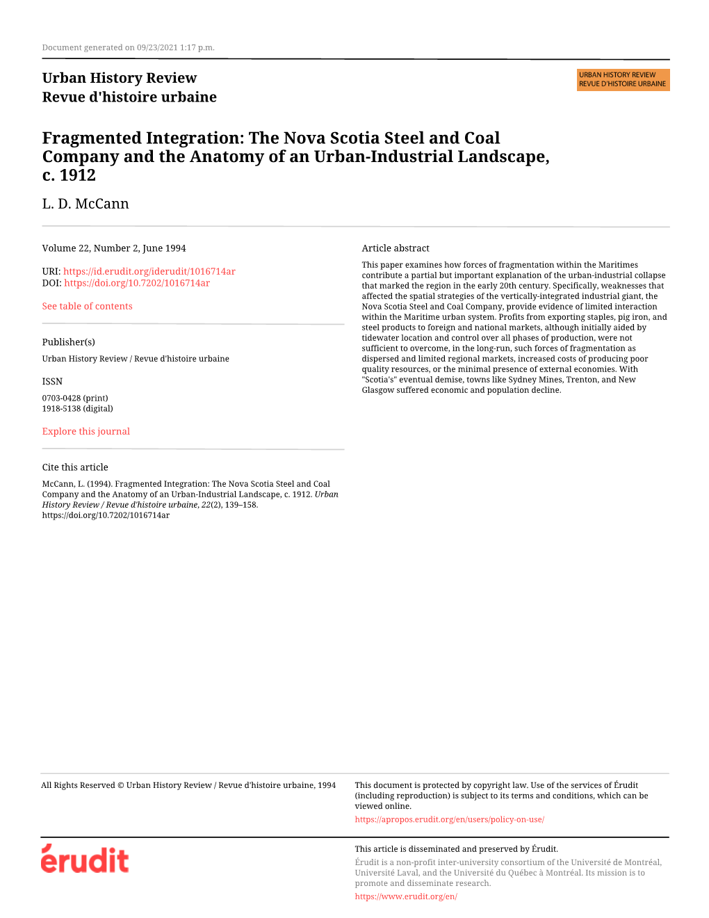 The Nova Scotia Steel and Coal Company and the Anatomy of an Urban-Industrial Landscape, C