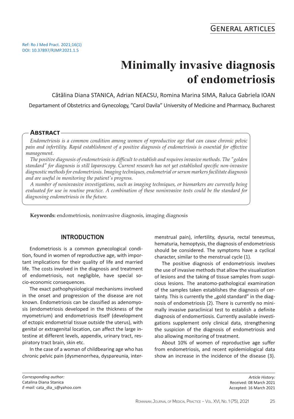 Minimally Invasive Diagnosis of Endometriosis