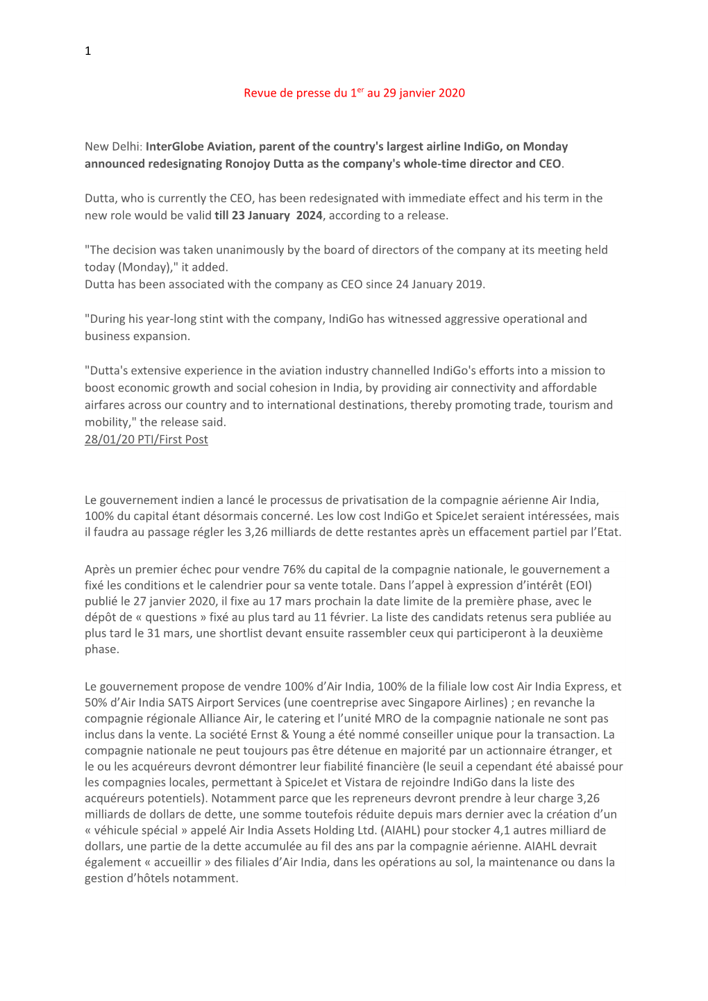 1 Revue De Presse Du 1Er Au 29 Janvier 2020 New Delhi: Interglobe Aviation, Parent of the Country's Largest Airline Indigo, on M