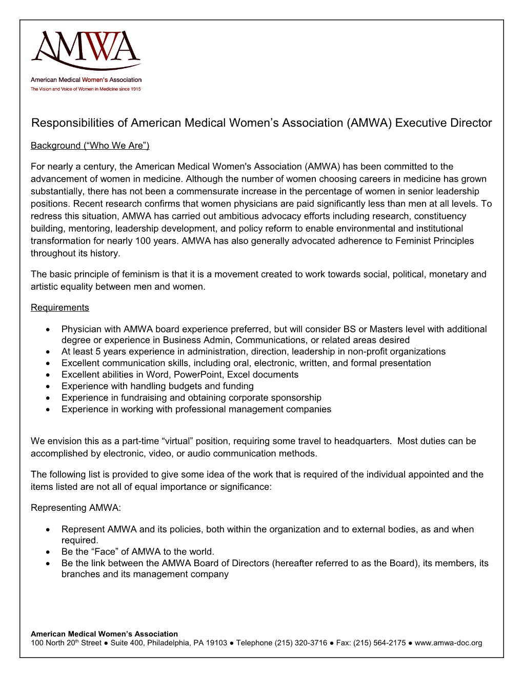 Responsibilities of American Medical Women S Association (AMWA) Executive Director