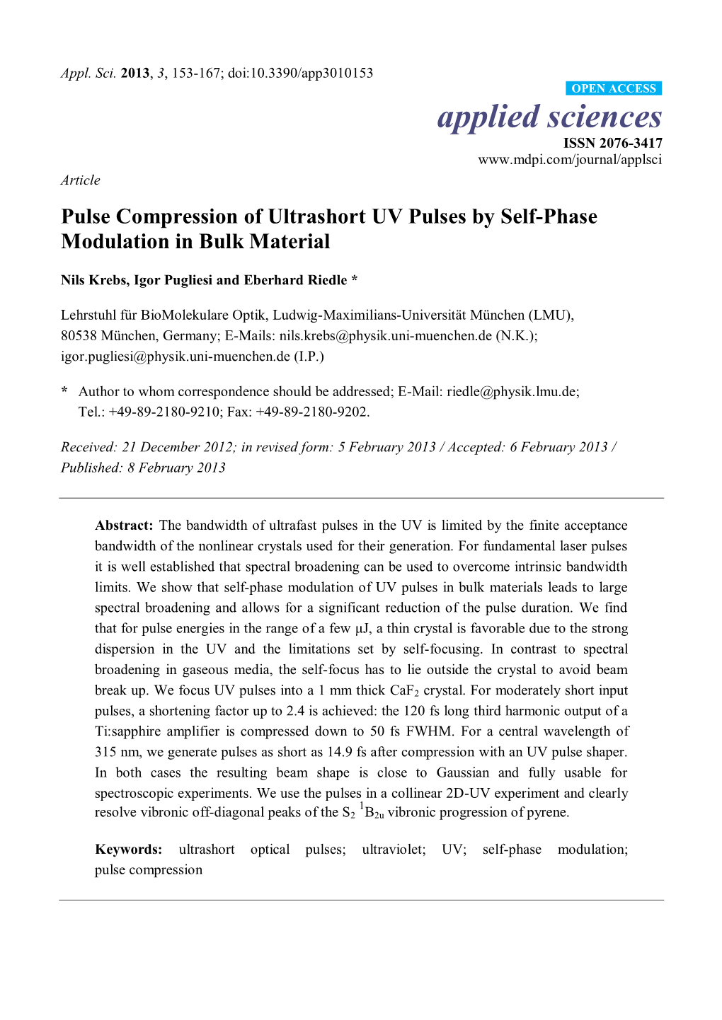Pulse Compression of Ultrashort UV Pulses by Self-Phase Modulation in Bulk Material