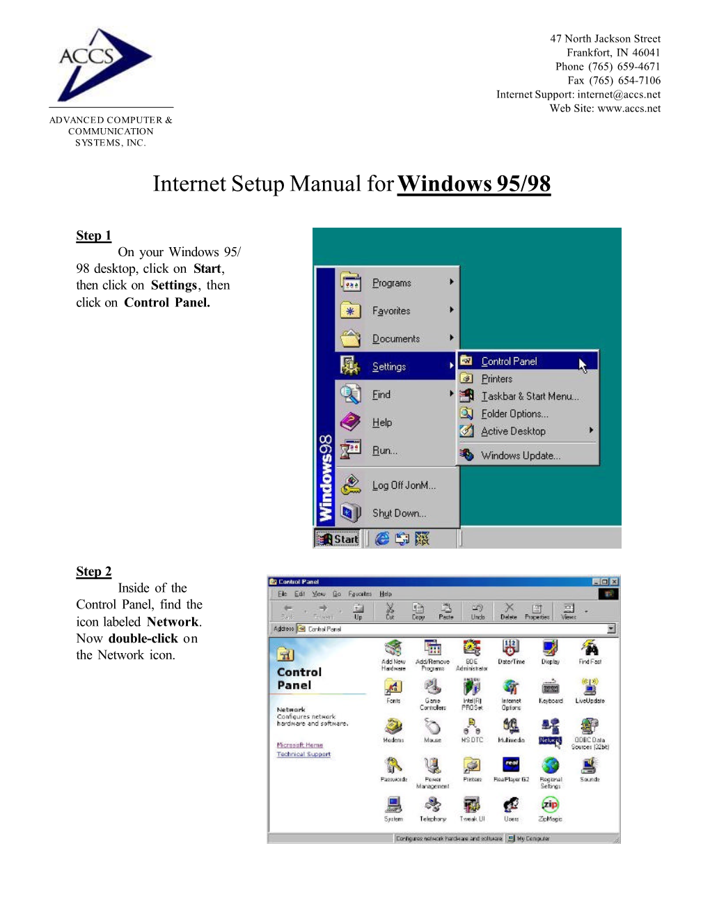 Internet Setup Manual for Windows 95/98