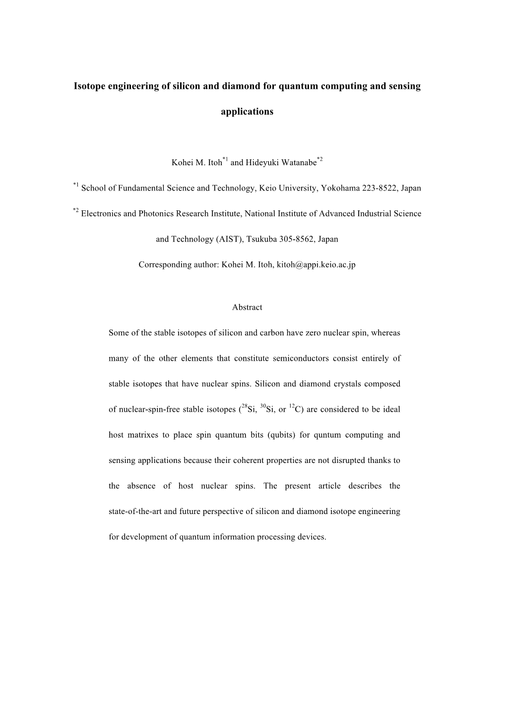 Isotope Engineering of Silicon and Diamond for Quantum Computing and Sensing