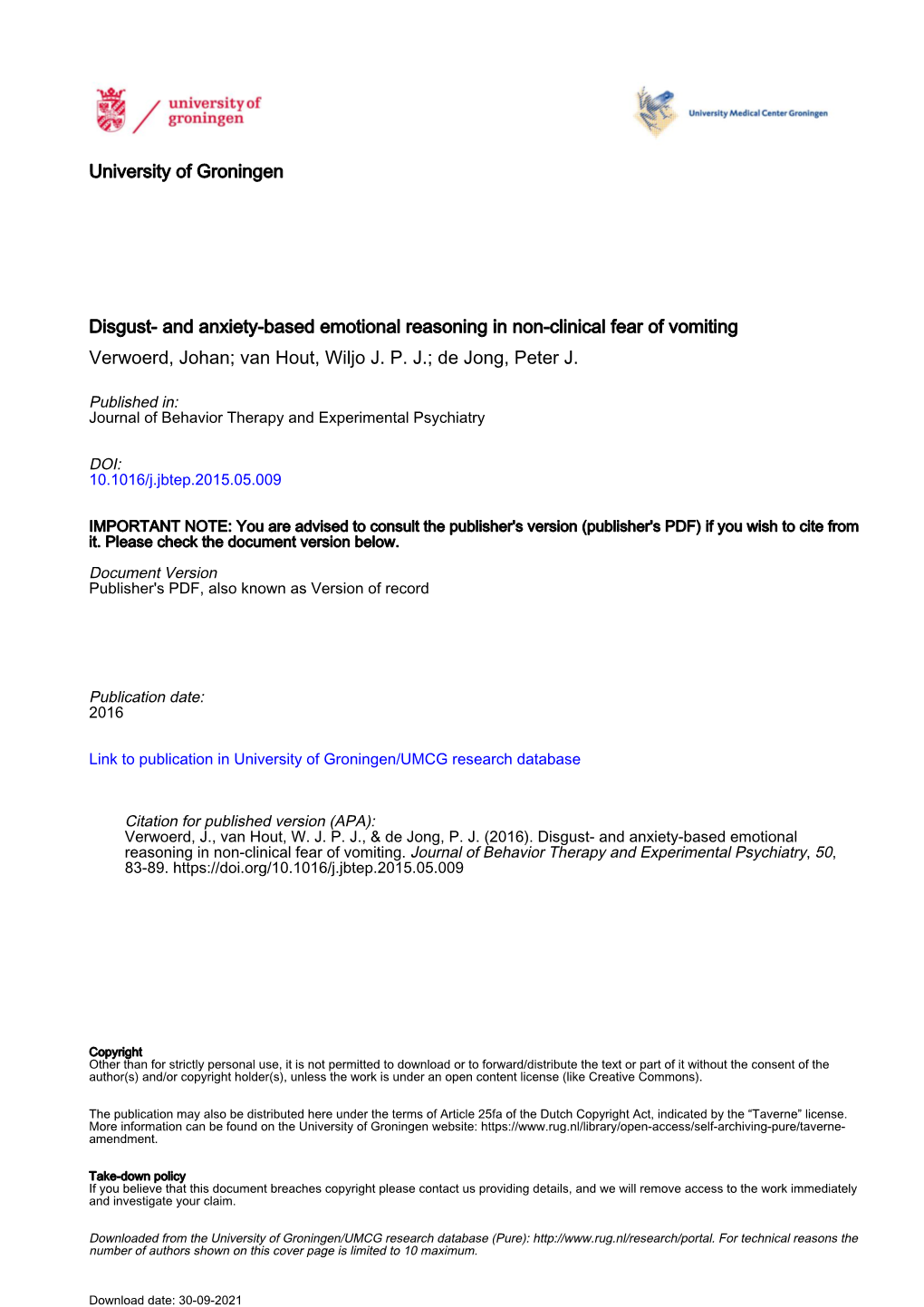 Disgust- and Anxiety-Based Emotional Reasoning in Non-Clinical Fear of Vomiting Verwoerd, Johan; Van Hout, Wiljo J