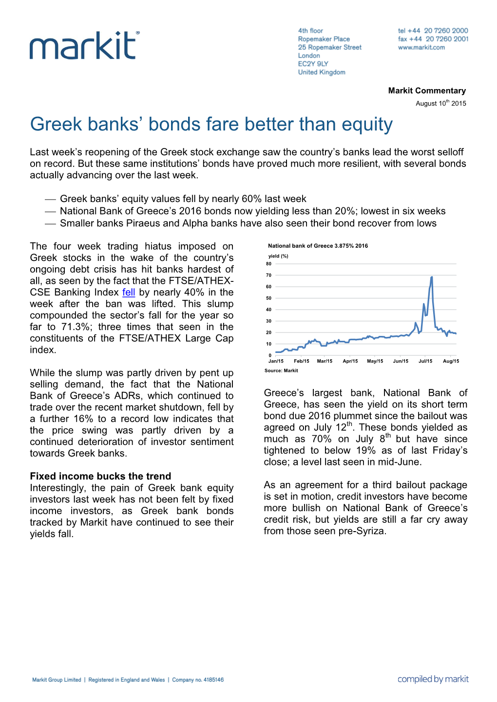 Greek Banks' Bonds Fare Better Than Equity