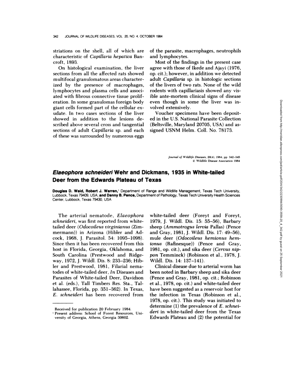 Elaeophora Schneideri Wehr and Dickmans, 1935 in White-Tailed Deer from the Edwards Plateau of Texas