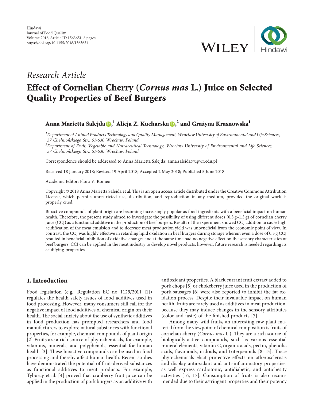 Cornus Mas L.) Juice on Selected Quality Properties of Beef Burgers