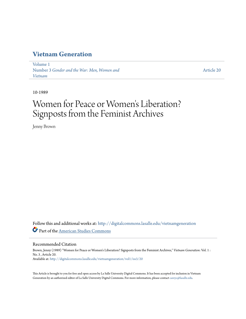 Women for Peace Or Women's Liberation? Signposts from the Feminist Archives Jenny Brown