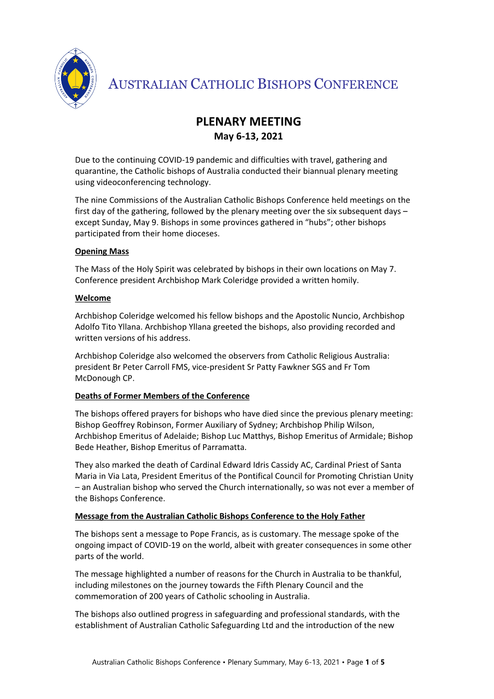 PLENARY MEETING May 6-13, 2021