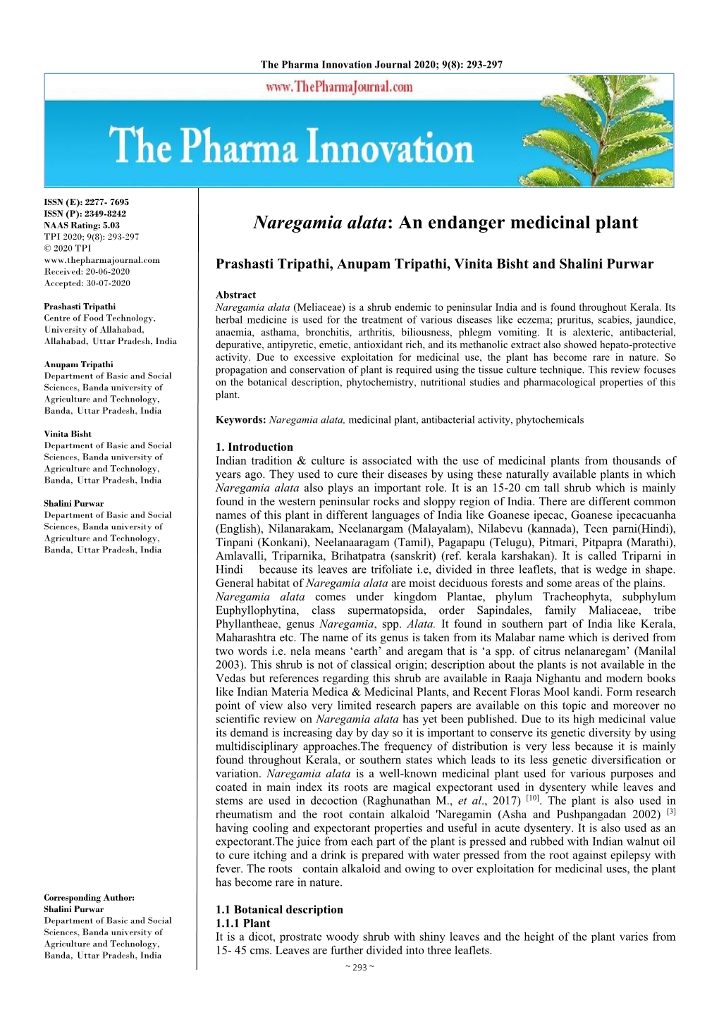 Naregamia Alata: an Endanger Medicinal Plant