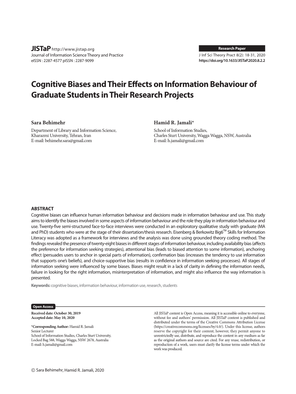 Cognitive Biases and Their Effects on Information Behaviour of Graduate Students in Their Research Projects