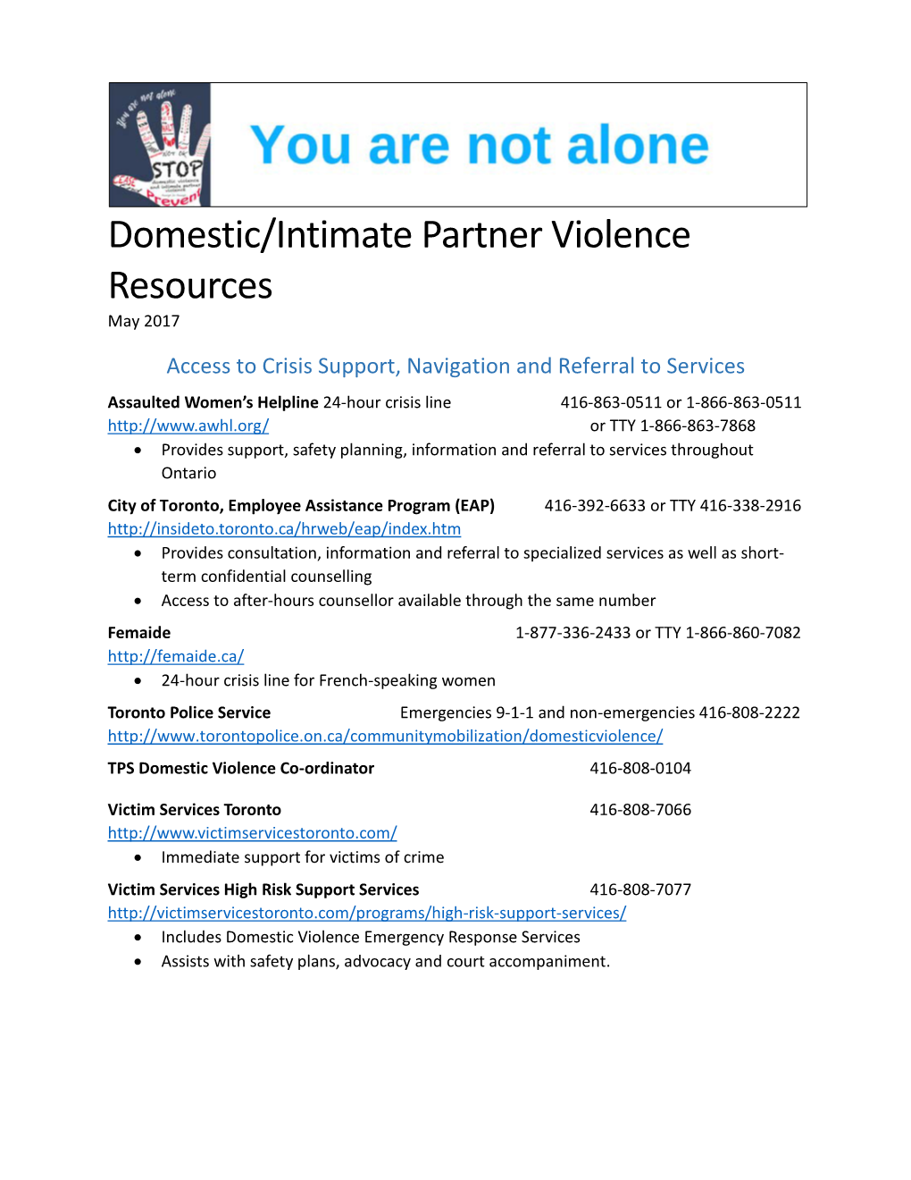 Domestic/Intimate Partner Violence Resources May 2017