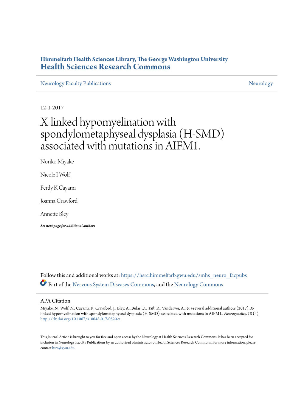 X-Linked Hypomyelination with Spondylometaphyseal Dysplasia (H-SMD) Associated with Mutations in AIFM1