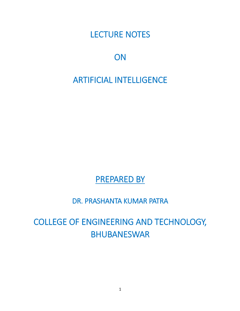 Lecture Notes on Artificial Intelligence Prepared By