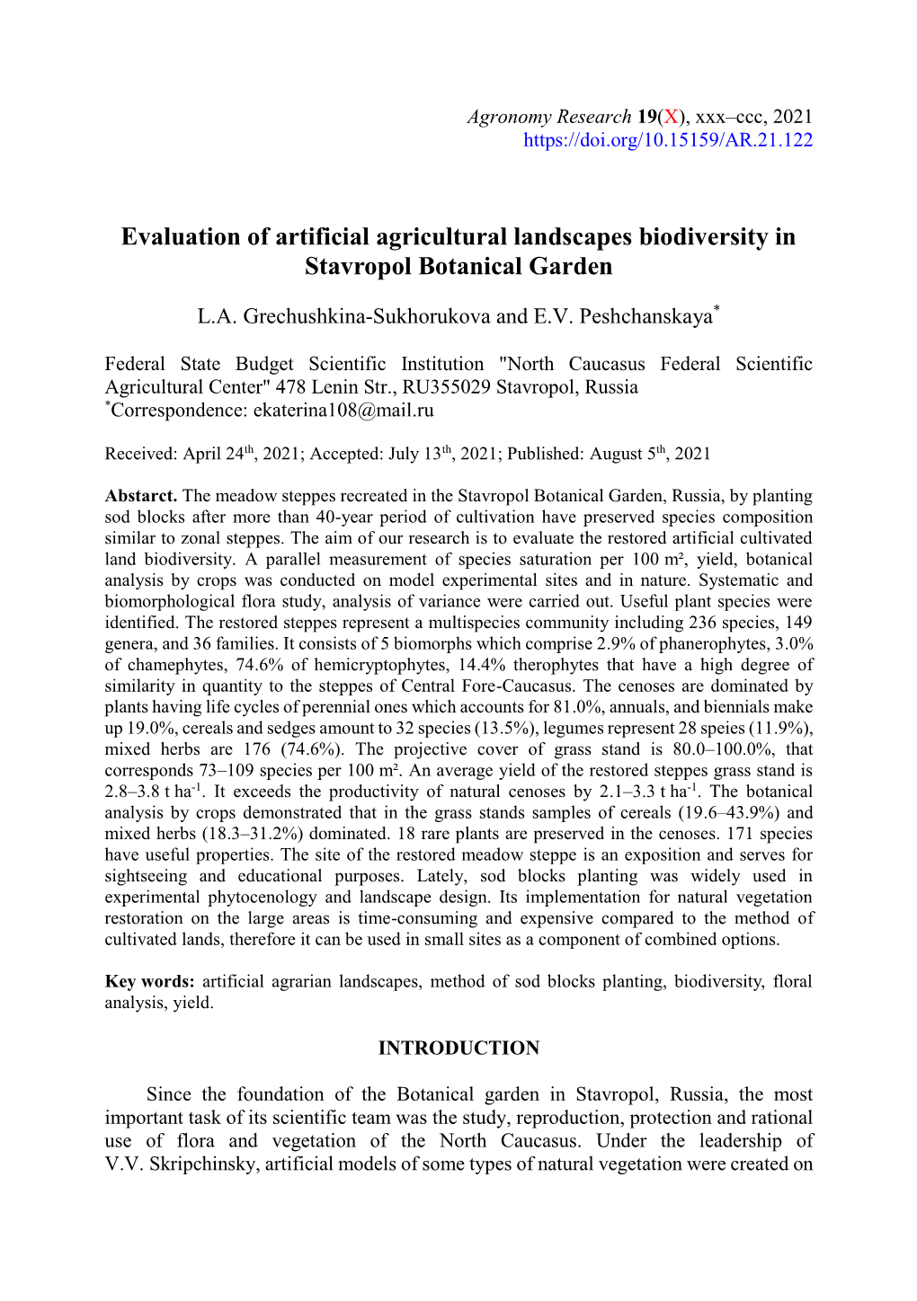 Evaluation of Artificial Agricultural Landscapes Biodiversity in Stavropol Botanical Garden