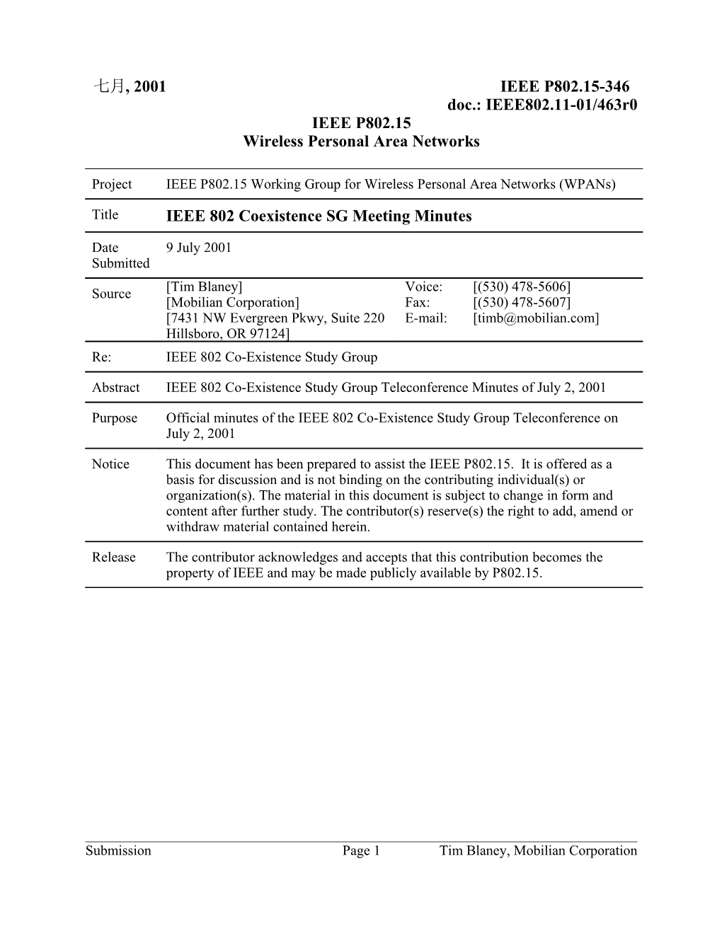 IEEE 802 Coexistence SG Meeting Minutes