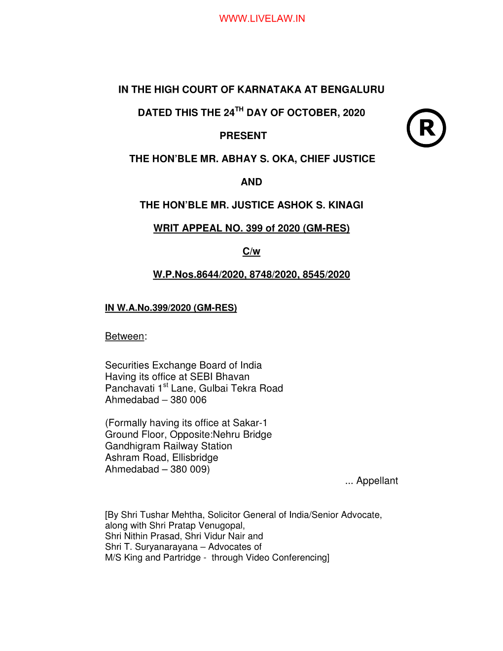 In the High Court of Karnataka at Bengaluru Dated This the 24Th Day of October, 2020 Present the Hon'ble Mr. Abhay S. Oka