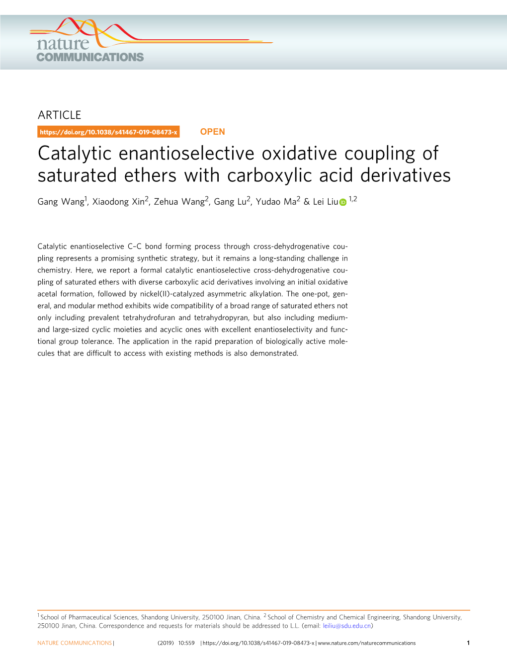 Catalytic Enantioselective Oxidative Coupling of Saturated Ethers with Carboxylic Acid Derivatives