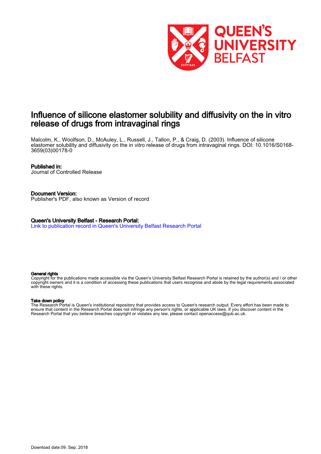 Influence of Silicone Elastomer Solubility and Diffusivity on the in Vitro Release of Drugs from Intravaginal Rings