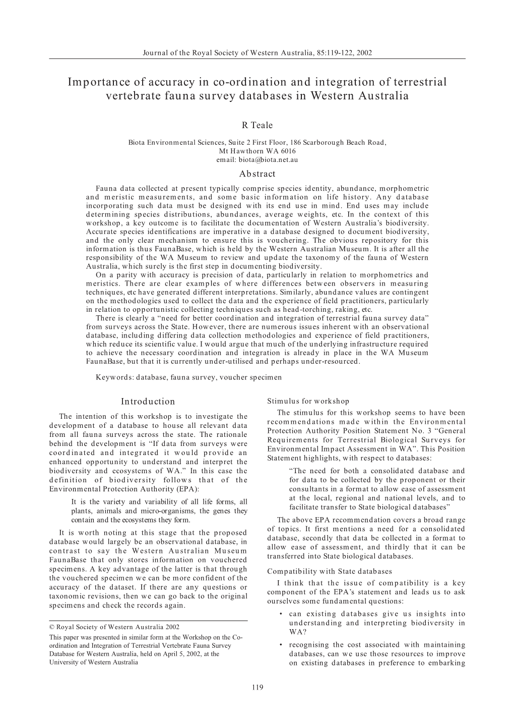 Importance of Accuracy in Co-Ordination and Integration of Terrestrial Vertebrate Fauna Survey Databases in Western Australia