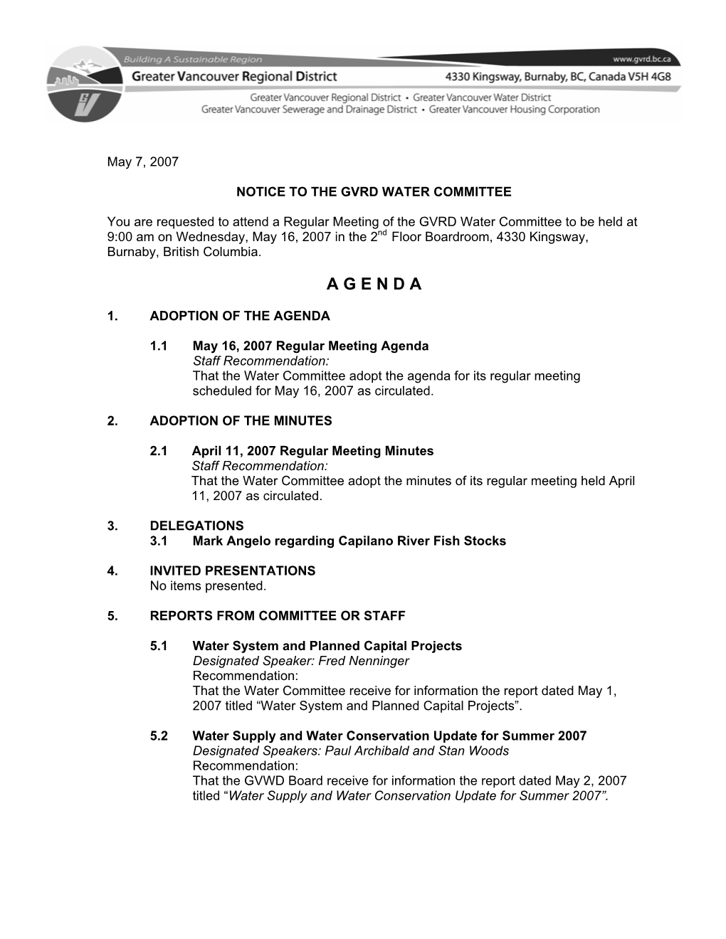 Water Committee Meeting- May 16, 2007- Agenda